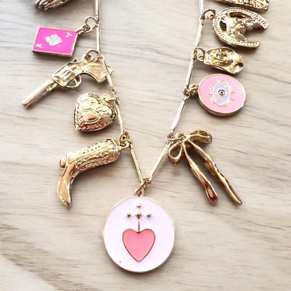 Country Cowgirl themed Pink and Gold toned Charm Necklace Protection Eye
